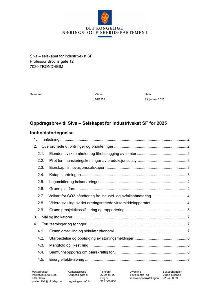 Forsiden av dokumentet Oppdragsbrev Siva – Selskapet for industrivekst SF 2025