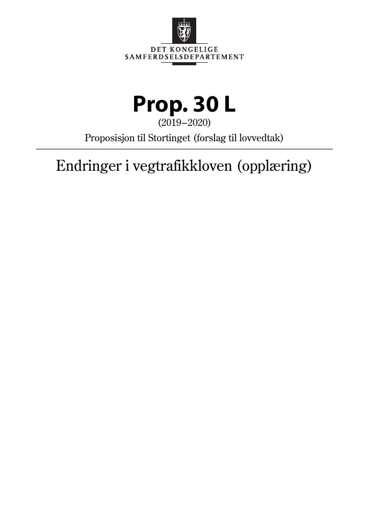 Forsiden av dokumentet Prop. 30 L (2019–2020)