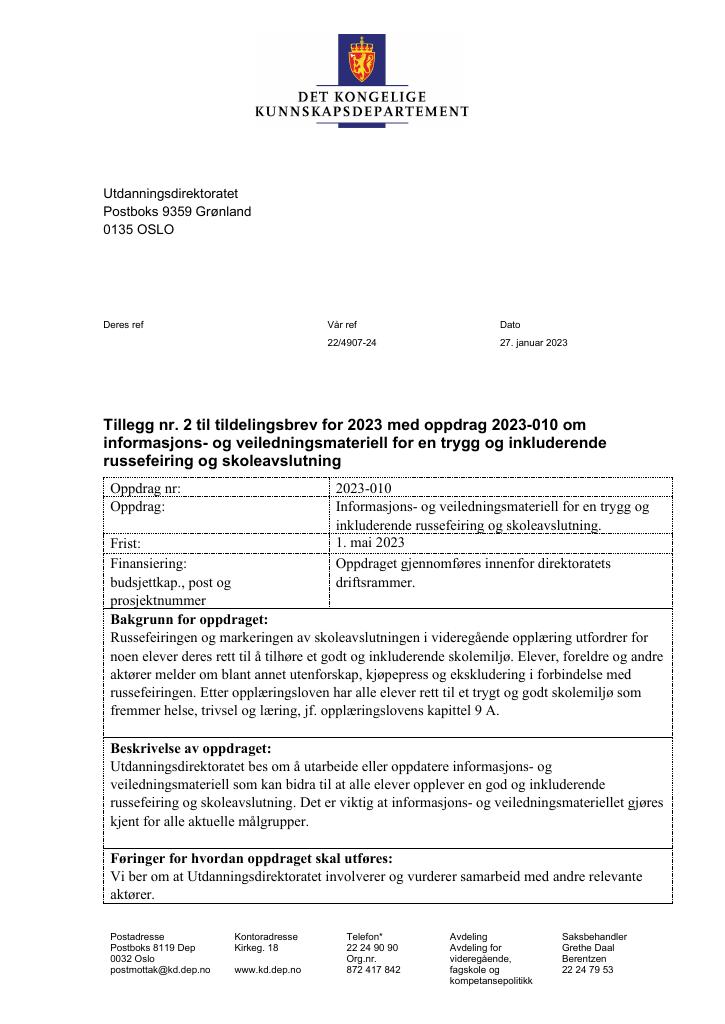 Forsiden av dokumentet Tildelingsbrev Utdanningsdirektoratet 2024 - tillegg