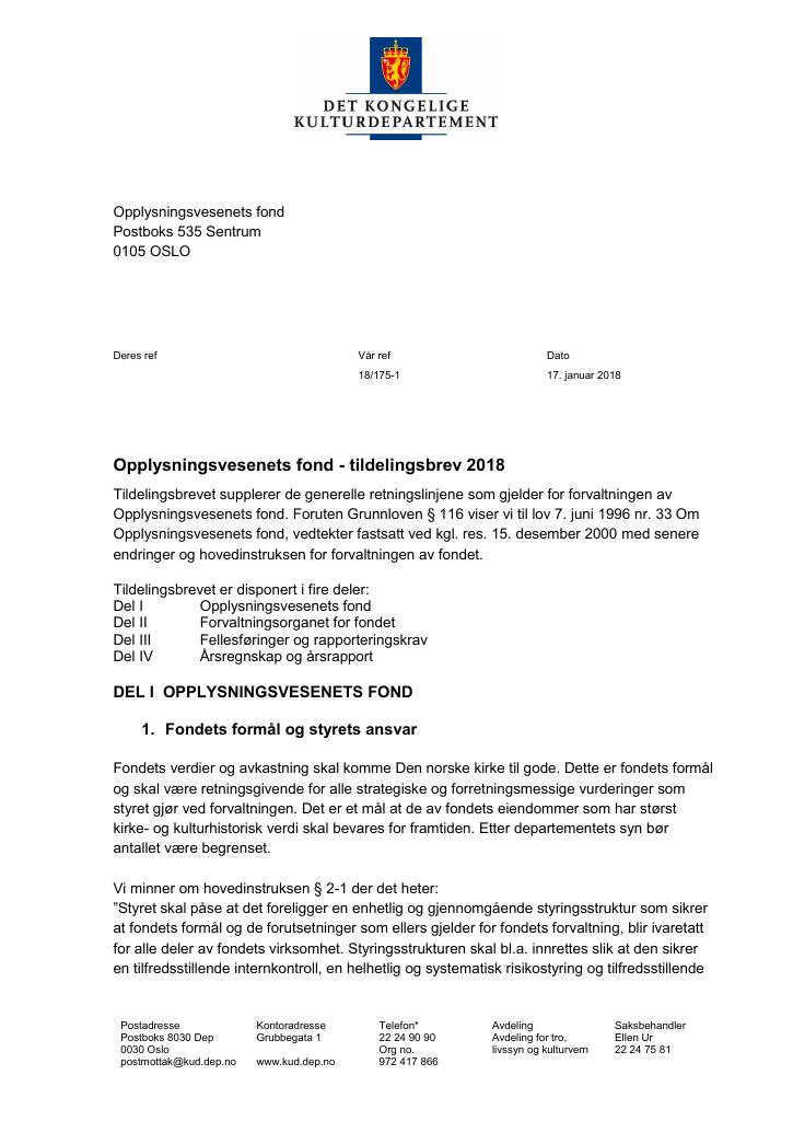 Forsiden av dokumentet Tildelingsbrev Opplysningsvesenets fond 2018