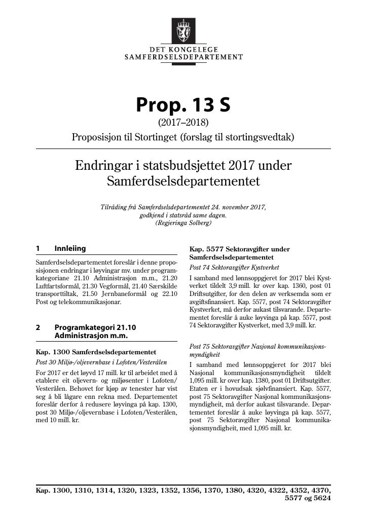 Forsiden av dokumentet Prop. 13 S (2017–2018)