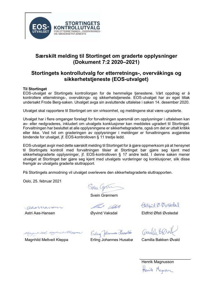 Forsiden av dokumentet Særskilt melding til Stortinget om graderte opplysninger
(Dokument 7:2 2020–2021)Stortingets kontrollutvalg for etterretnings-, overvåkings og
sikkerhetstjeneste (EOS-utvalget)