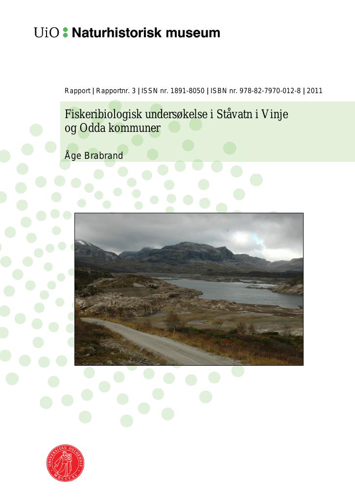 Forsiden av dokumentet Fiskeribiologisk undersøkelse i Ståvatn i Vinje og Odda kommuner