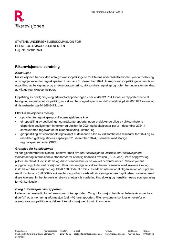 Forsiden av dokumentet Revisjonsberetning Statens undersøkelseskommisjon for helse- og omsorgstjenesten (UKOM) 2024