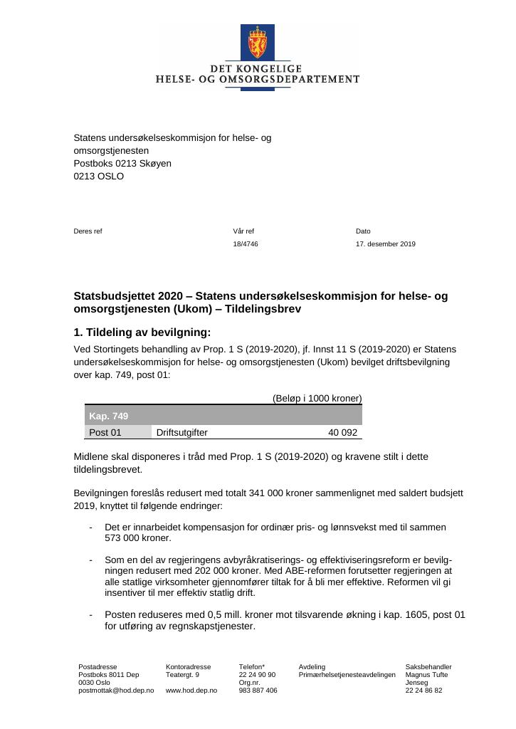 Forsiden av dokumentet Tildelingsbrev Ukom 2020