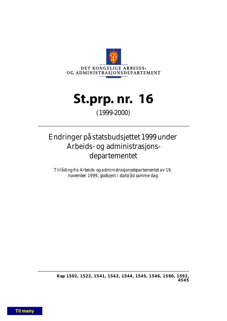 Forsiden av dokumentet St.prp. nr. 16 (1999-2000)