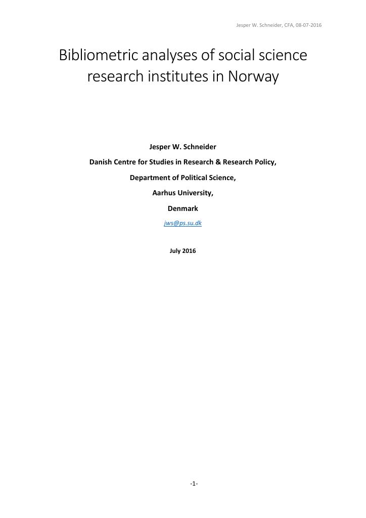 Forsiden av dokumentet Bibliometric analyses of the social Science research institutes in Norway