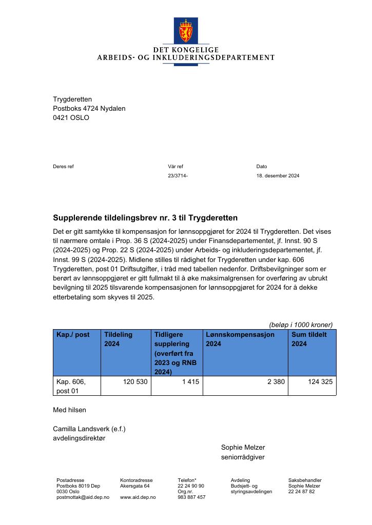 Forsiden av dokumentet Tildelingsbrev Trygderetten 2024 - tillegg nr. 3