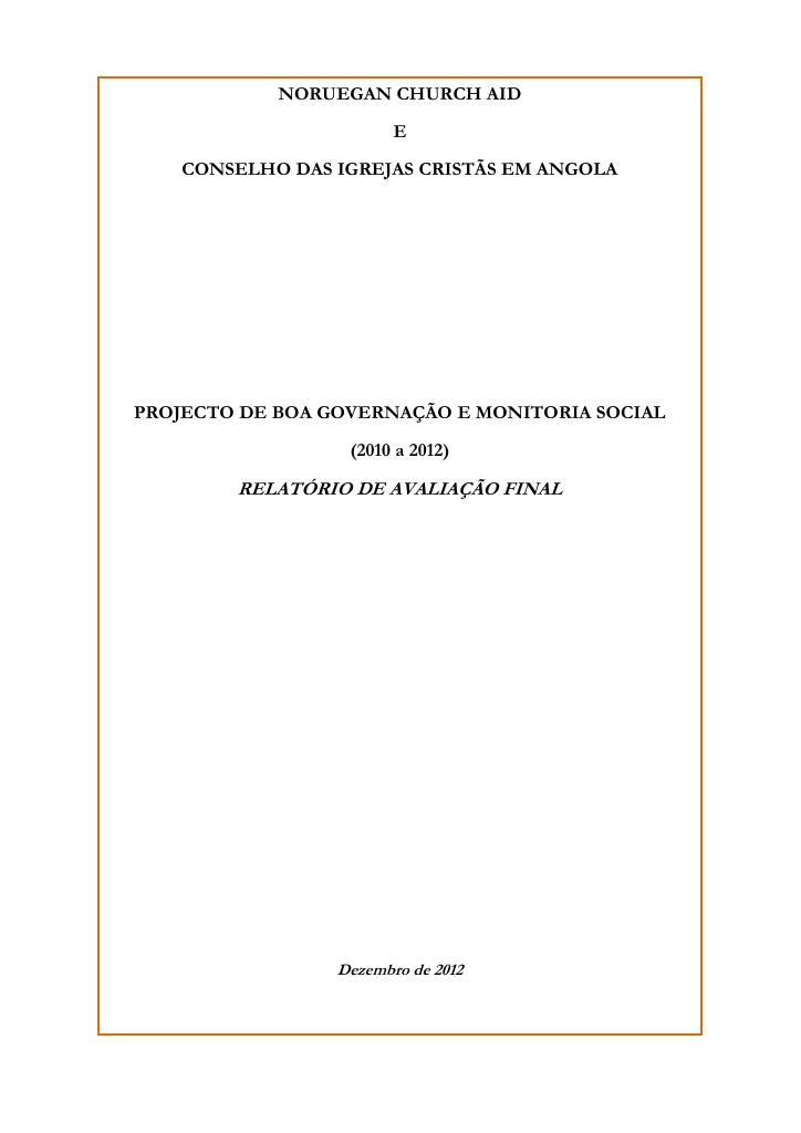 Forsiden av dokumentet Governance and social monitoring 2010–2012, Council of Christian Churches in Angola (CICA)