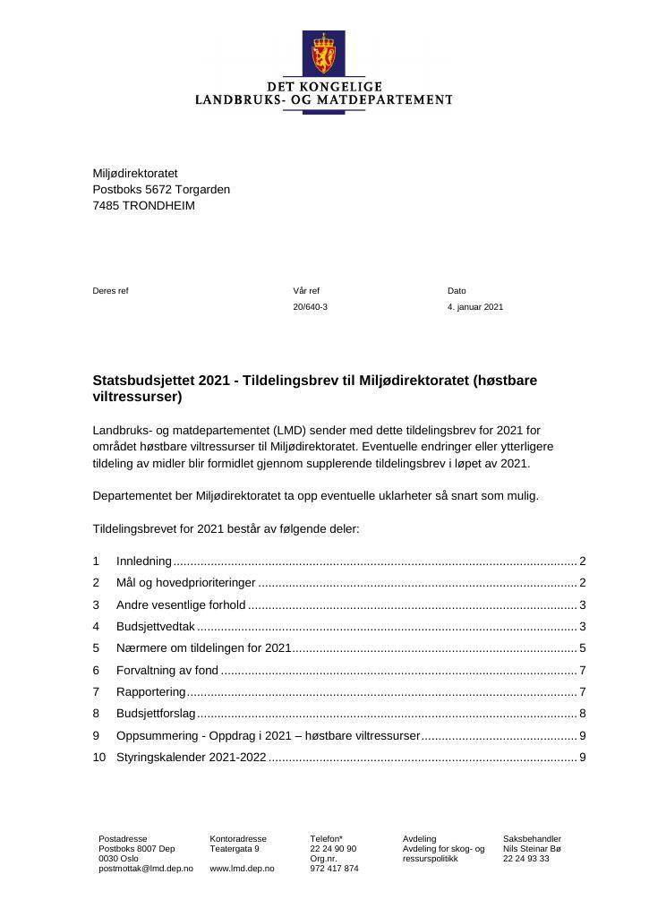 Forsiden av dokumentet Tildelingsbrev Miljødirektoratet (høstbare viltressurser) 2021