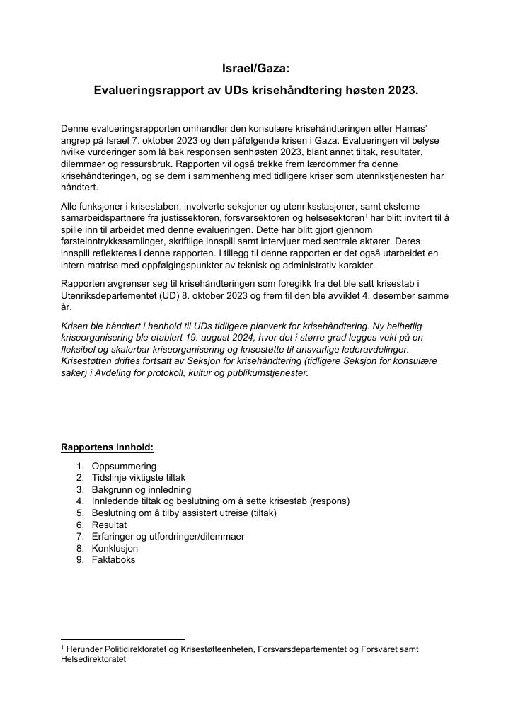 Forsiden av dokumentet Evalueringsrapport av UDs krisehåndtering høsten 2023
