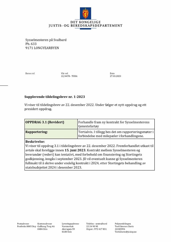 Forsiden av dokumentet Tildelingsbrev Sysselmesteren på Svalbard 2023 - tillegg nr. 1