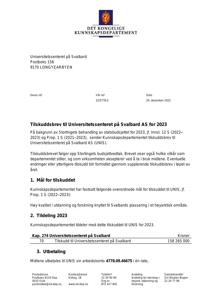 Forsiden av dokumentet Tilskuddsbrev til Universitetssenteret på Svalbard AS for 2023