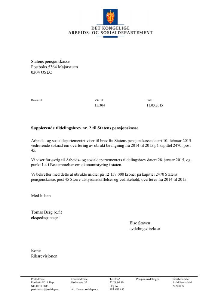 Forsiden av dokumentet supplerende tildelingsbrev nr. 2 (PDF)