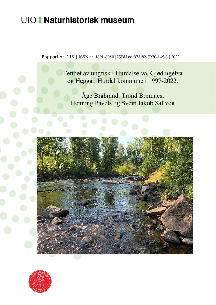 Forsiden av dokumentet Tetthet av ungfisk i Hurdalselva, Gjødingelva og Hegga i Hurdal kommune i 1997-2022