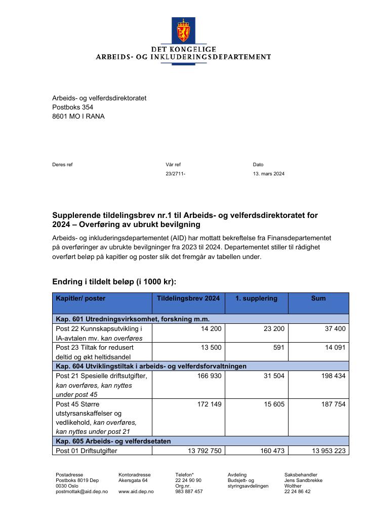 Forsiden av dokumentet Supplerende tildelingsbrev nr. 1 2024 Arbeids- og velferdsdirektoratet