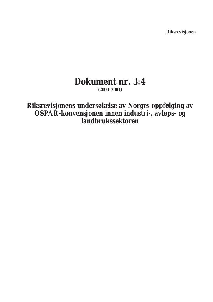 Forsiden av dokumentet Riksrevisjonens undersøkelse av Norges oppfølging av OSPAR-konvensjonen innen industri-, avløps- og landbrukssektoren