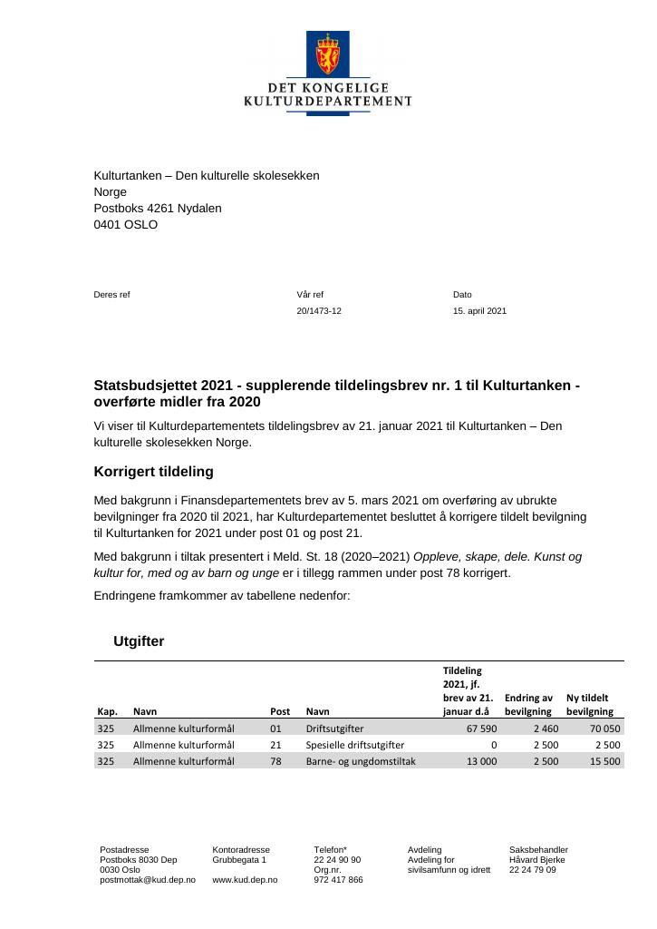 Forsiden av dokumentet Tildelingsbrev Kulturtanken 2021 - tillegg nr. 1