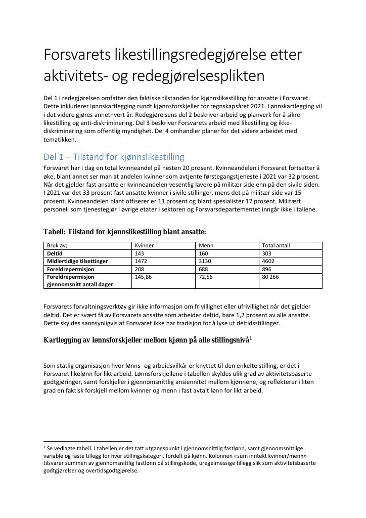 Forsiden av dokumentet Forsvarets likestillingsredegjørelse etter aktivitets- og redegjørelsesplikten