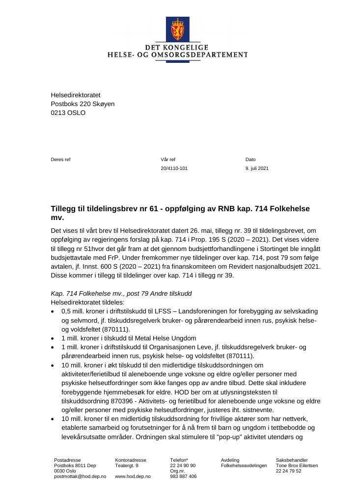 Forsiden av dokumentet Tildelingsbrev Helsedirektoratet 2021 - tillegg nr. 61