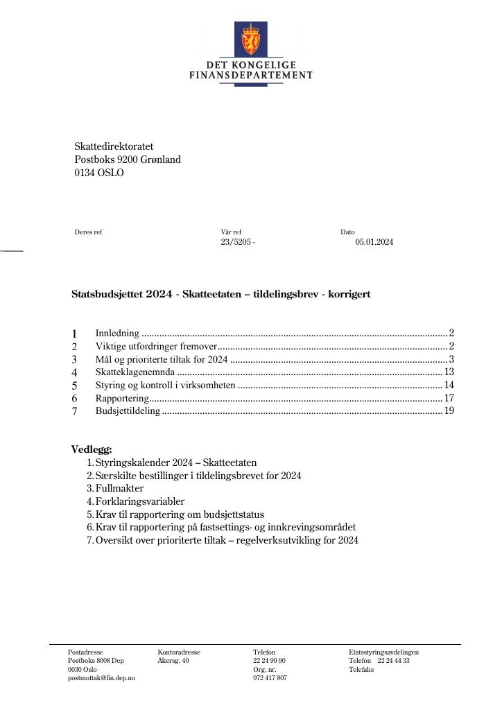 Forsiden av dokumentet Tildelingsbrev 2024