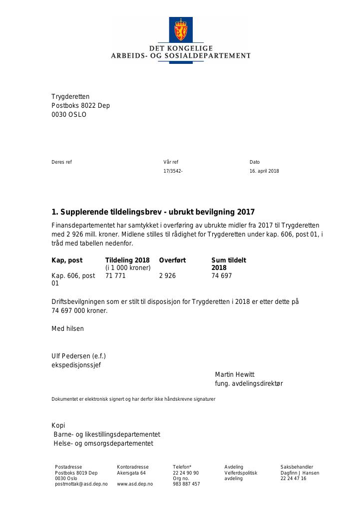 Forsiden av dokumentet Supplerende tildelingsbrev nr. 1 Trygderetten 2018