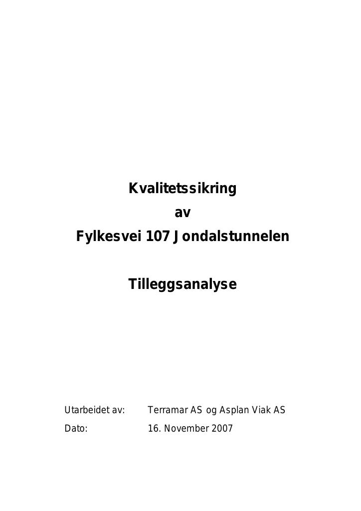 Forsiden av dokumentet Jondalstunnelen tilleggsanalyse