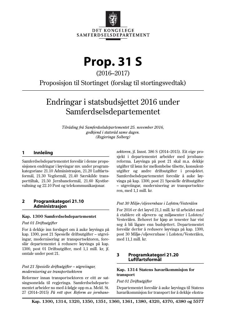 Forsiden av dokumentet Prop. 31 S (2016–2017)