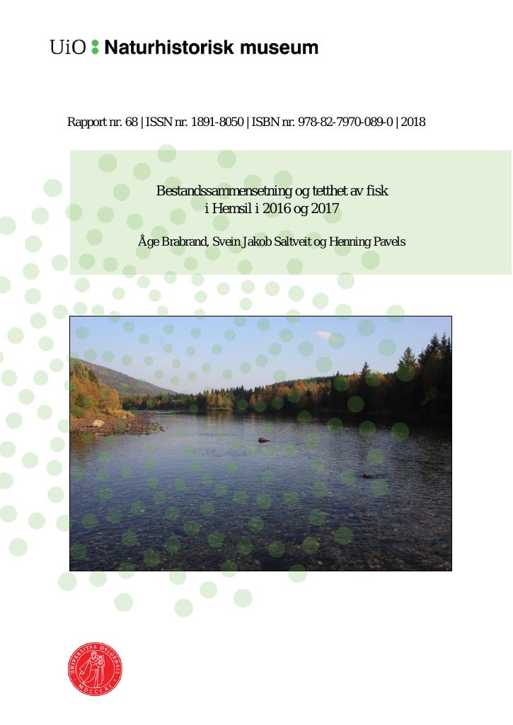 Forsiden av dokumentet Bestandssammensetning og tetthet av fisk i Hemsil i 2016 og 2017
