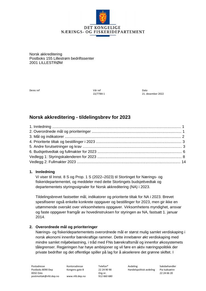 Forsiden av dokumentet Tildelingsbrev Norsk akkreditering 2023