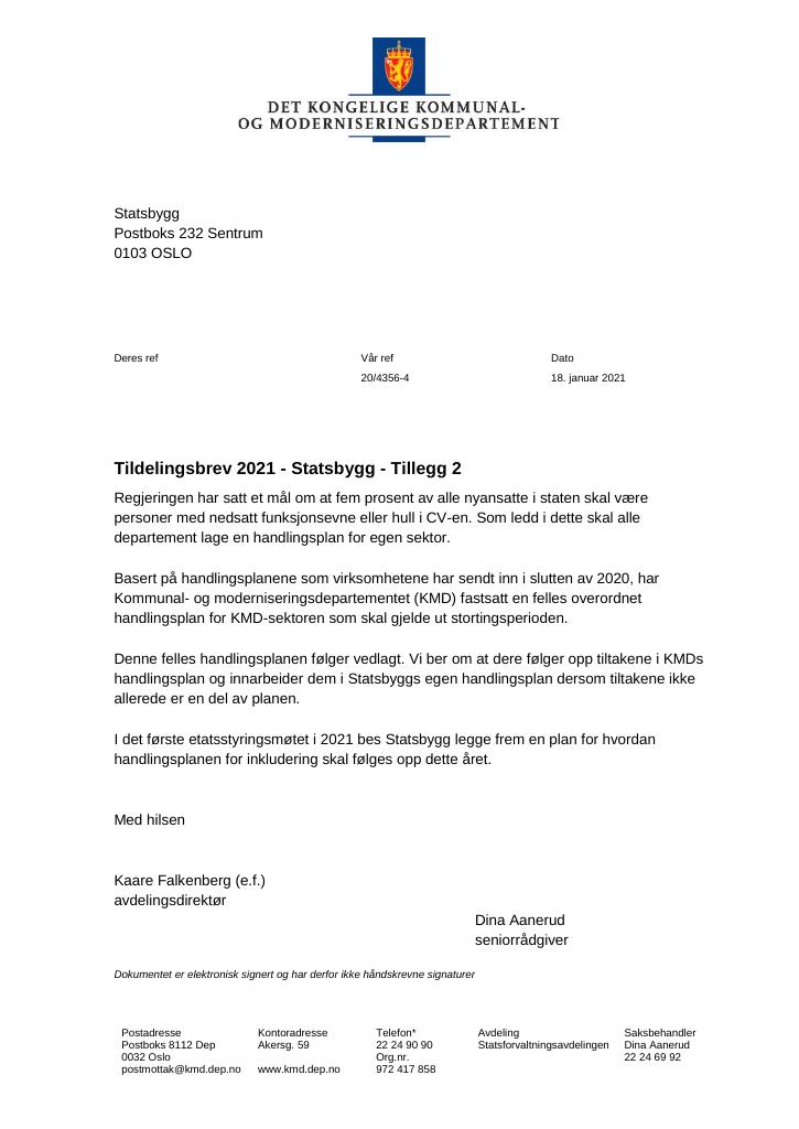 Forsiden av dokumentet Tildelingsbrev Statsbygg 2021 - tillegg nr. 2