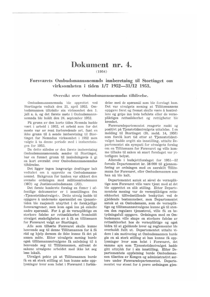 Forsiden av dokumentet Forsvarets Ombudsmannsnemnds innberetning til Stortinget om virksomheten i tiden 1/7 1952 - 31/12 1953