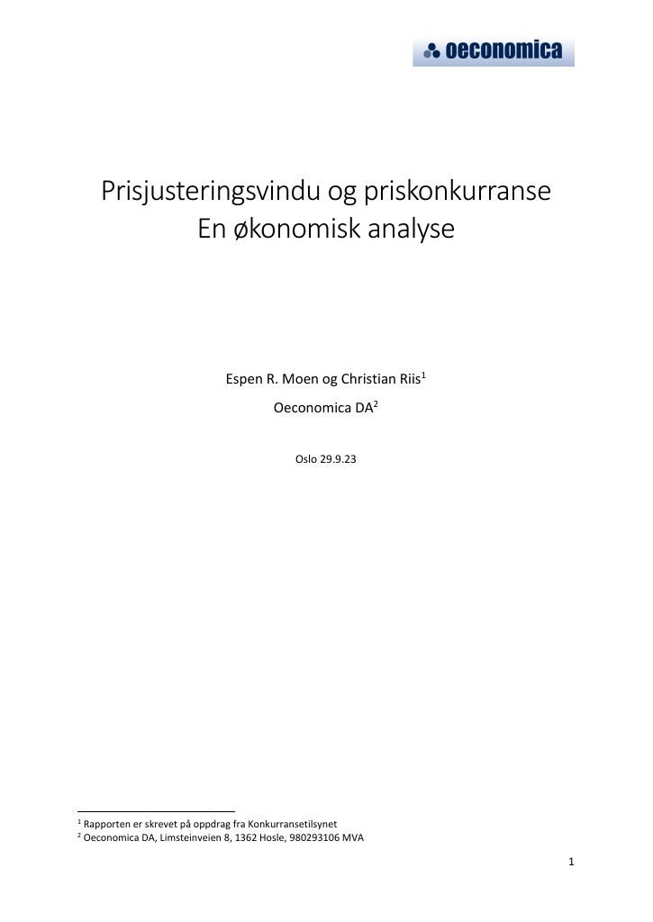 Forsiden av dokumentet Utredning av ordningen med to faste prisjusteringsvinduer i dagligvarebransjen