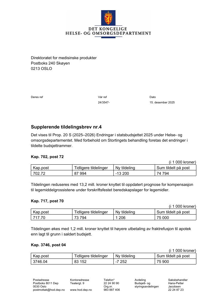 Forsiden av dokumentet Tildelingsbrev Direktoratet for medisinske produkter 2025 - tillegg nr. 4