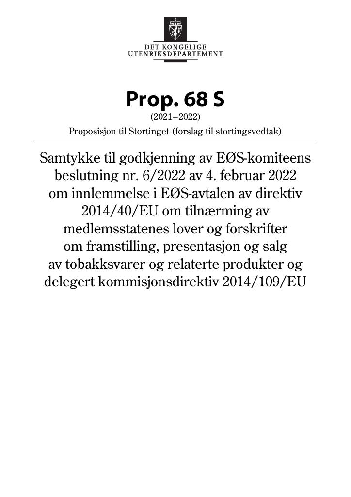 Forsiden av dokumentet Prop. 68 S (2021–2022)