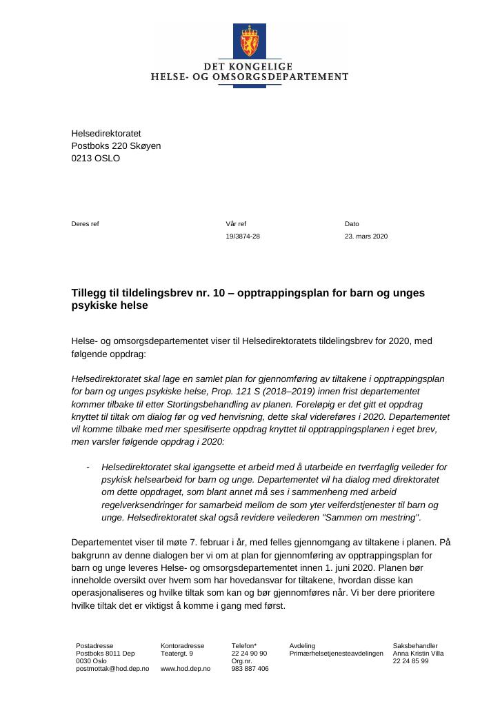 Forsiden av dokumentet Tildelingsbrev Helsedirektoratet 2020 - tillegg nr. 10