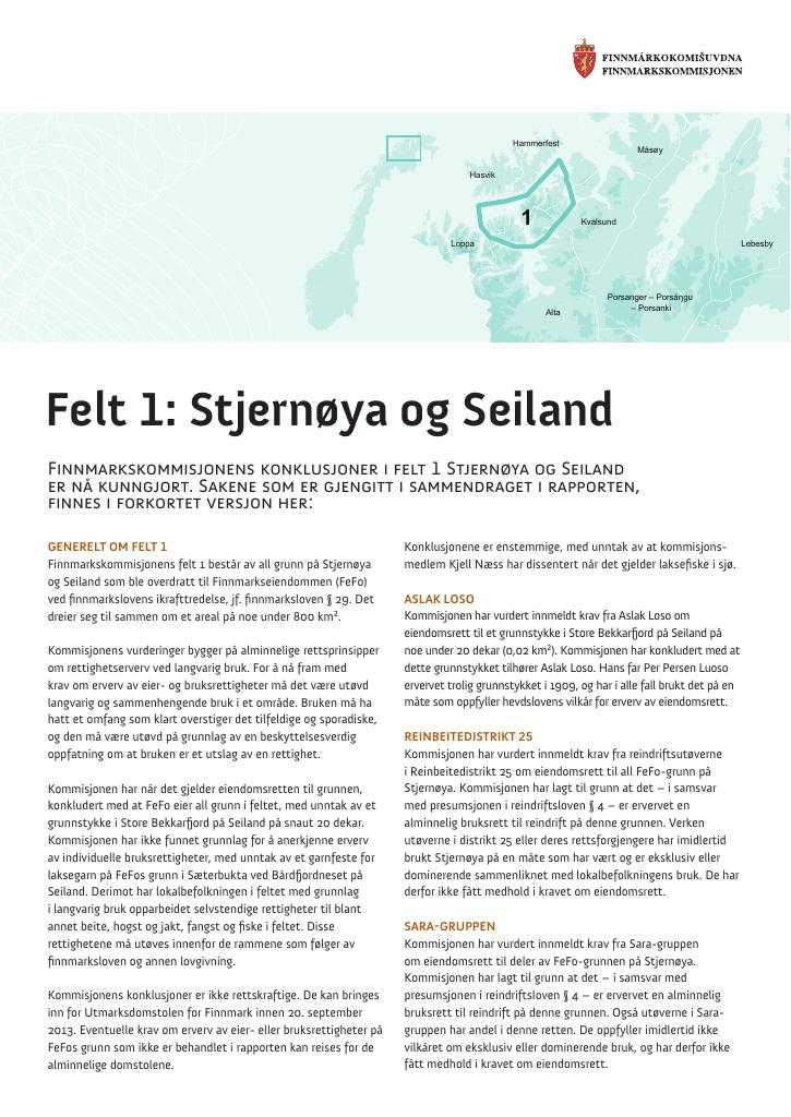 Forsiden av dokumentet Finnmarkskommisjonens konklusjoner i felt 1 Stjernøya og Seiland