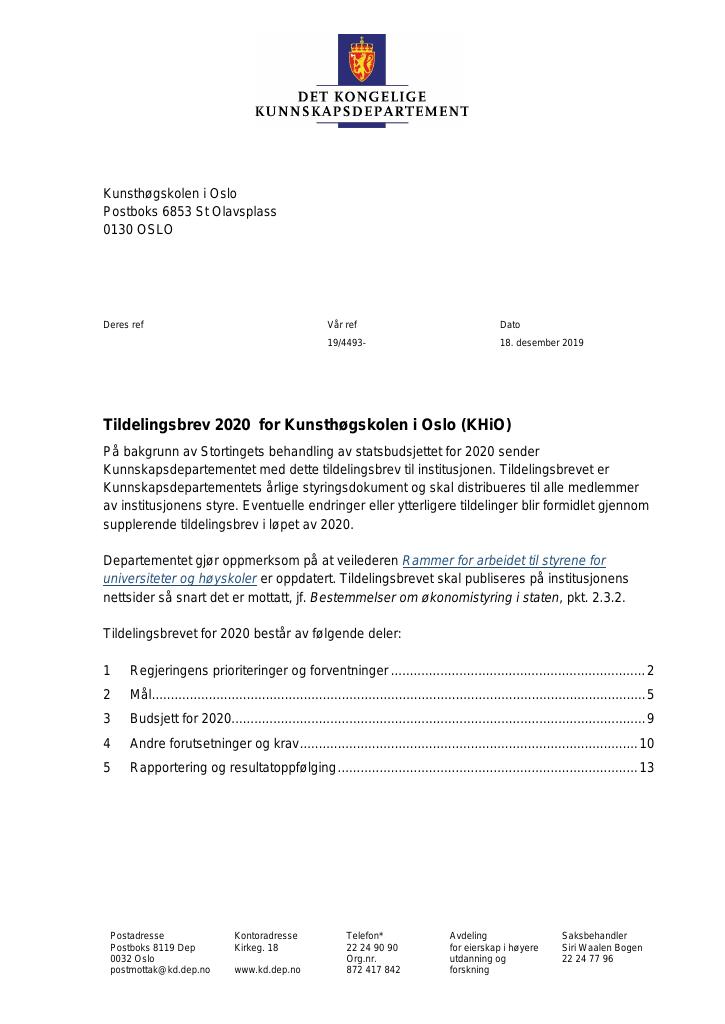 Forsiden av dokumentet Tildelingsbrev Kunsthøgskolen i Oslo 2020