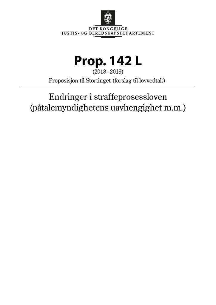 Forsiden av dokumentet Prop. 142 L (2018–2019)