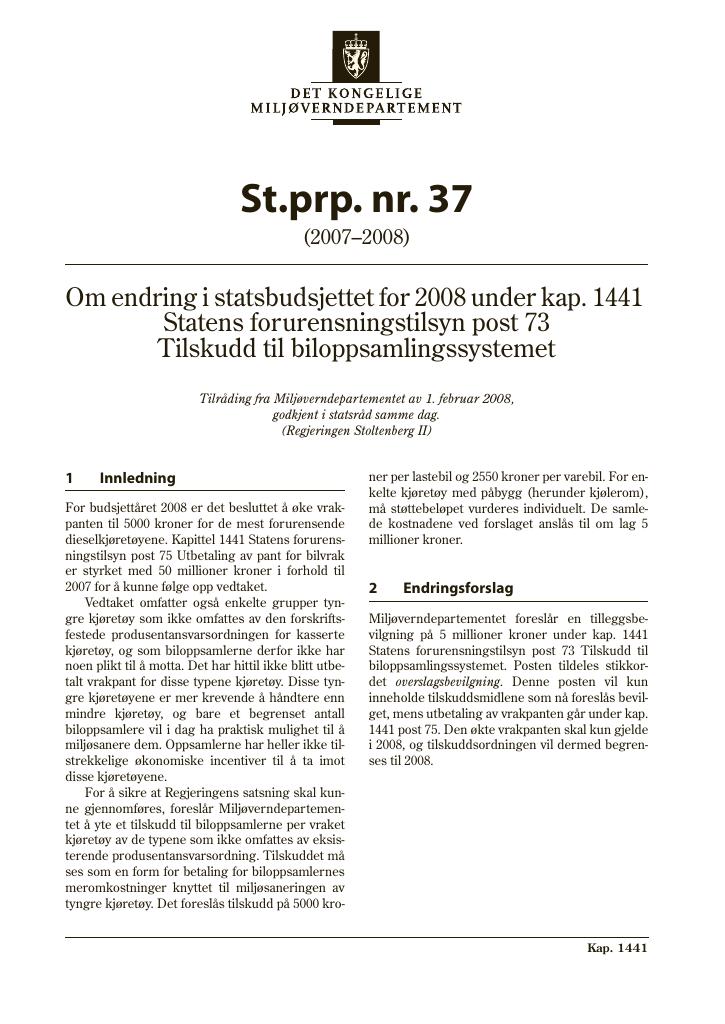 Forsiden av dokumentet St.prp. nr. 37 (2007-2008)