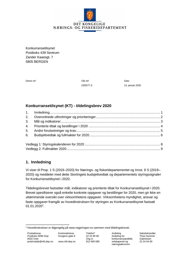 Forsiden av dokumentet Tildelingsbrev Konkurransetilsynet 2020