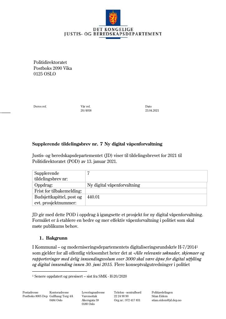 Forsiden av dokumentet Tildelingsbrev Politidirektoratet 2021 - tillegg nr. 7