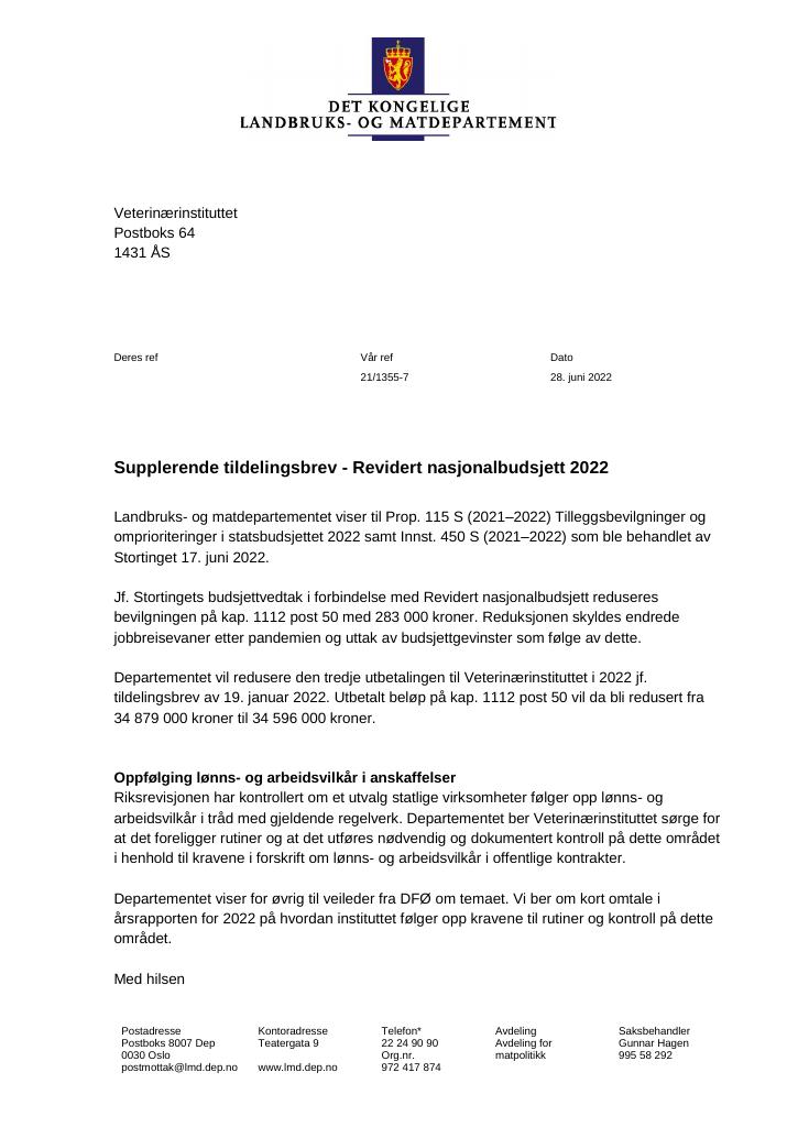 Forsiden av dokumentet Tildelingsbrev Veterinærinstituttet 2022 - tillegg