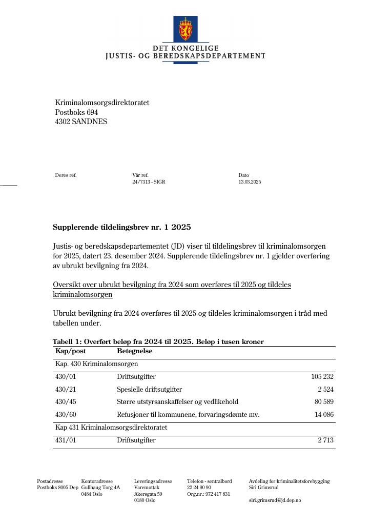 Forsiden av dokumentet Tildelingsbrev Kriminalomsorgen 2025 - tillegg nr. 1