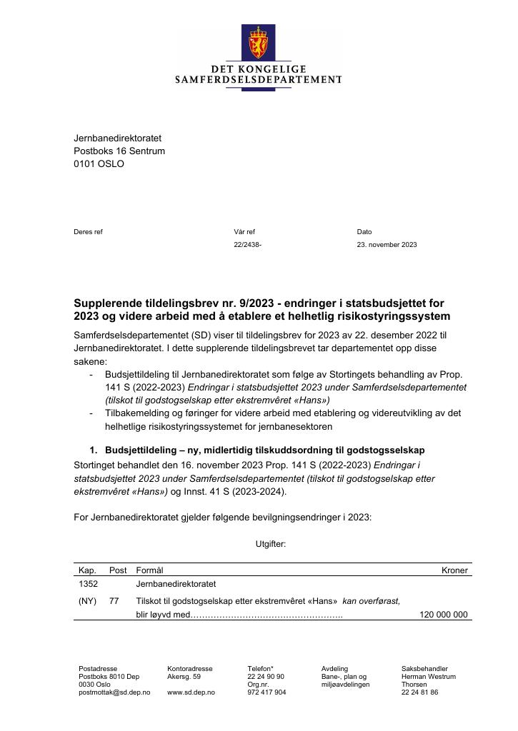 Forsiden av dokumentet Tildelingsbrev Jernbanedirektoratet 2023 - tillegg nr. 9