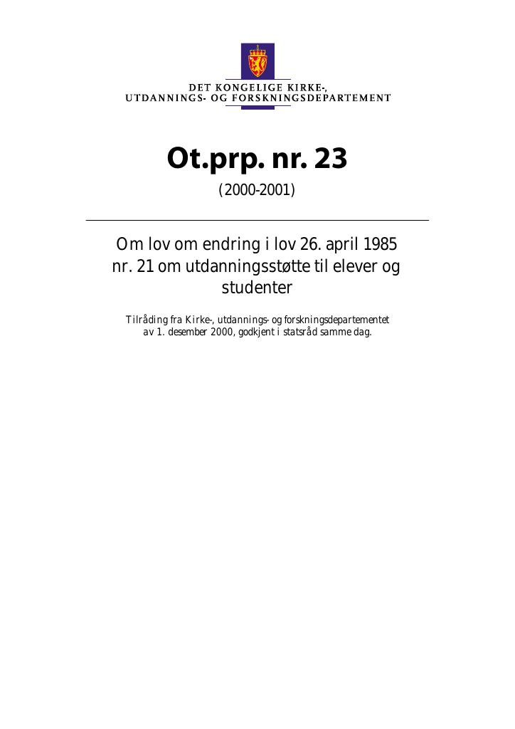 Forsiden av dokumentet Ot.prp. nr. 23 (2000-2001)