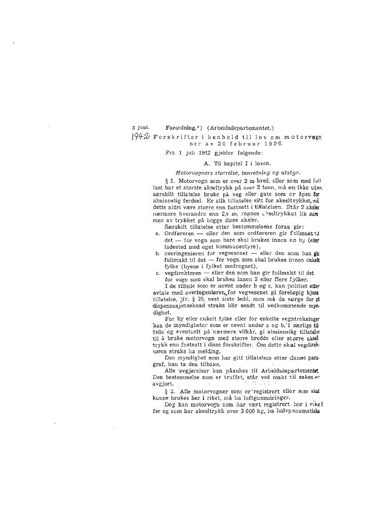 Forsiden av dokumentet Forskrifter i henhold til lov om motorvogner av 20. februar 1926