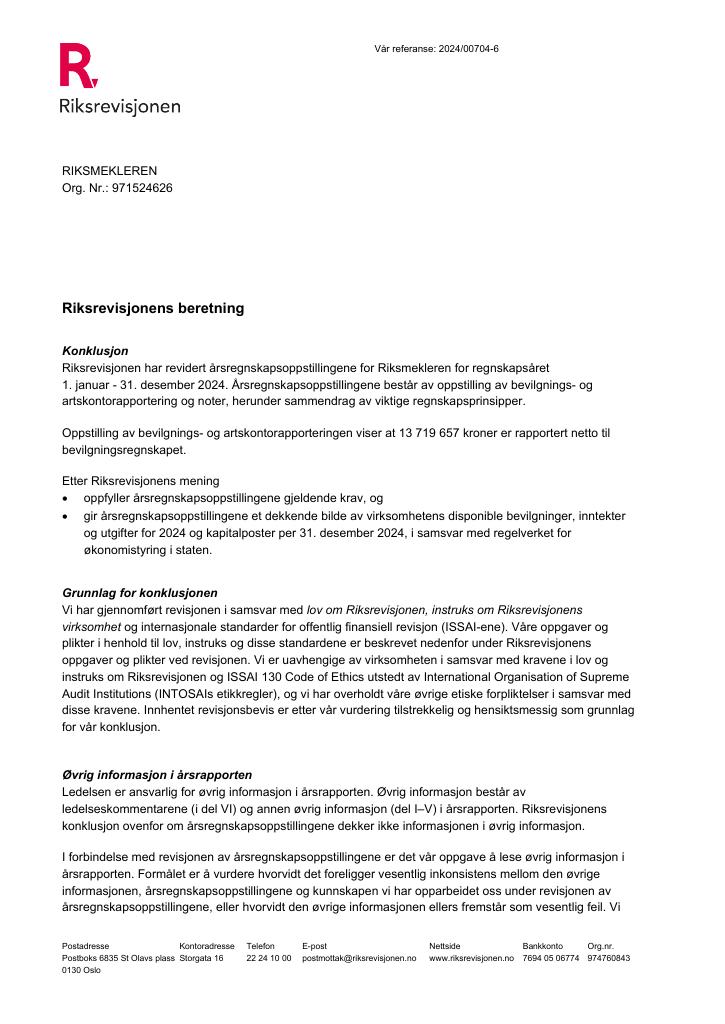 Forsiden av dokumentet Revisjonsberetning Riksmekleren 2024