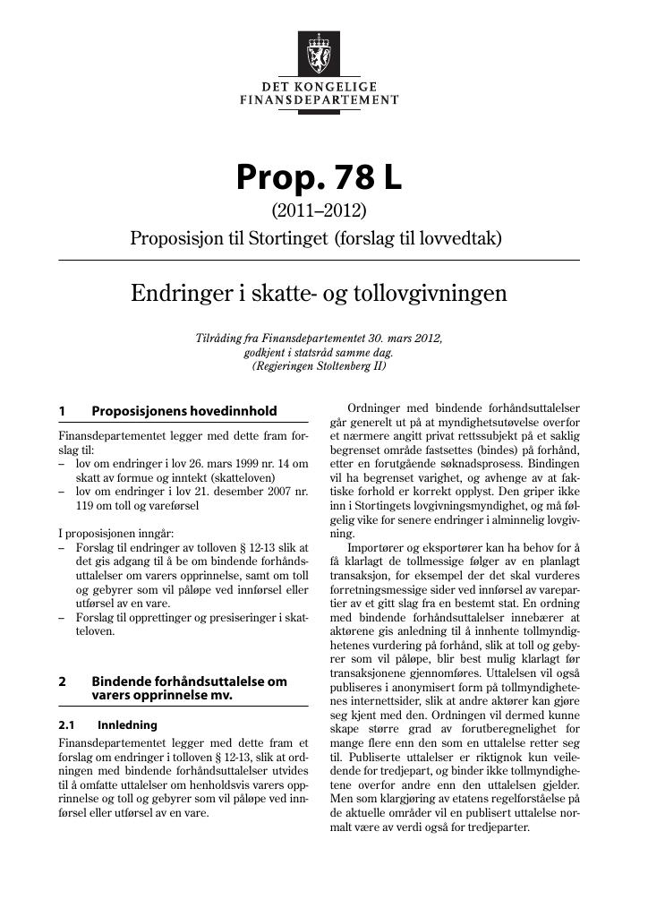 Forsiden av dokumentet Prop. 78 L (2011–2012)