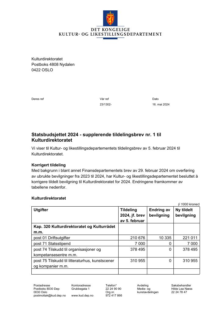 Forsiden av dokumentet Tildelingsbrev Kulturdirektoratet 2024 - tillegg nr. 1